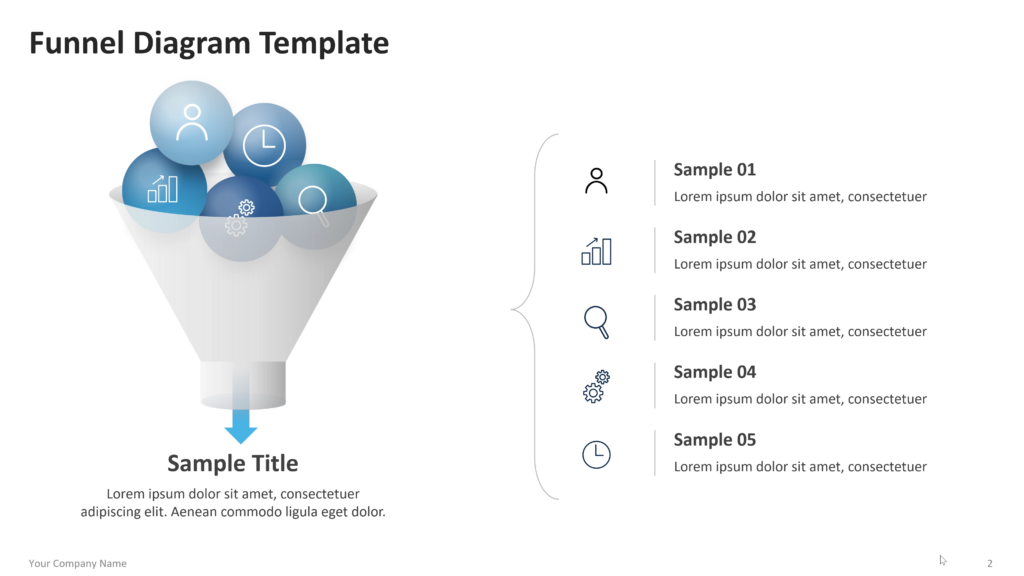 Funnel diagram showing stacked or segmented stages that narrow from top to bottom, with labels and supporting text. 02