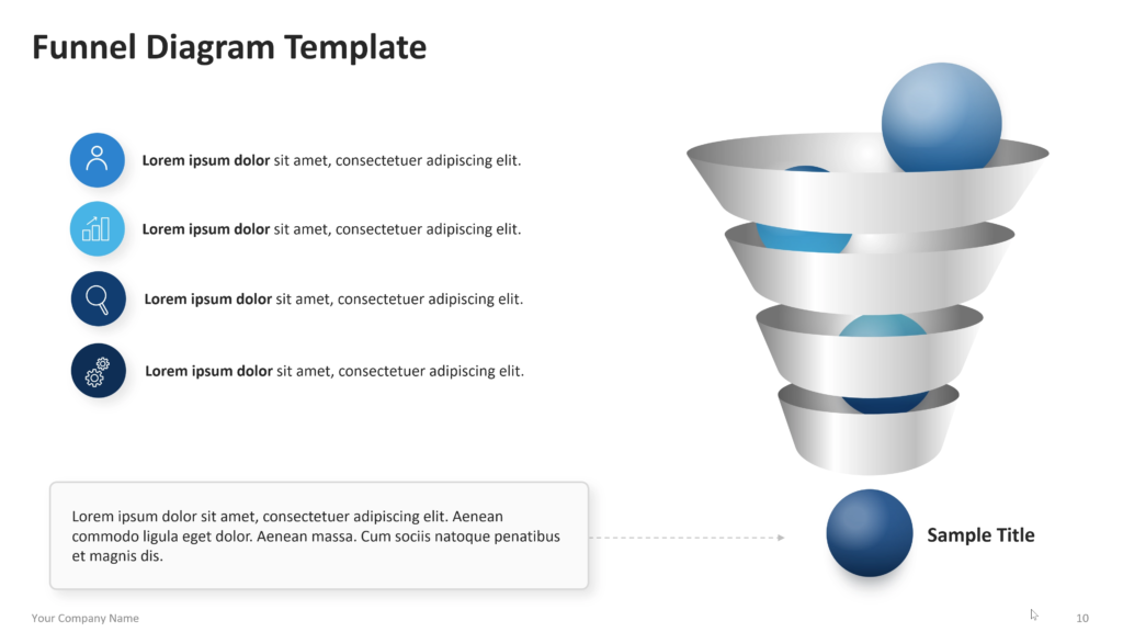 Funnel diagram showing stacked or segmented stages that narrow from top to bottom, with labels and supporting text. 10