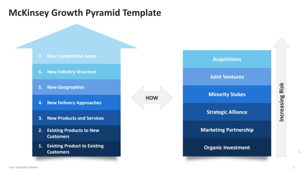 Growth strategy overview showing seven growth avenues on the left and six investment approaches on the right, connected by a central “How” arrow. 01