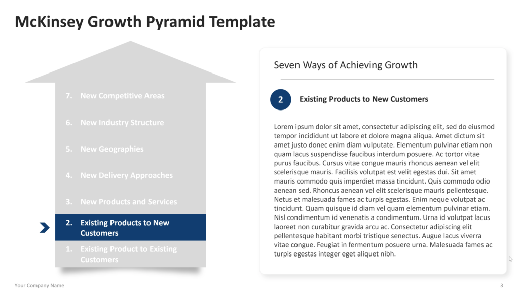 Growth pyramid detail slide with “Existing Product to New Customers” highlighted on the left and explanatory text on the right. 03