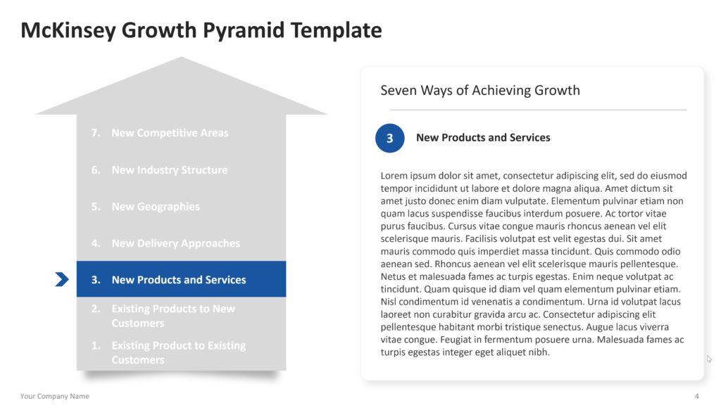 Growth pyramid detail slide with “New Products and Services” highlighted on the left and explanatory text on the right. 04