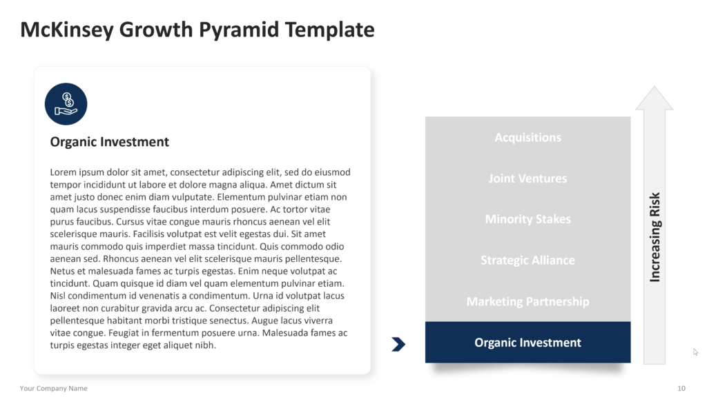 Investment approach detail slide with “Organic Investment” highlighted in a vertical list and explanatory text on the left. 10