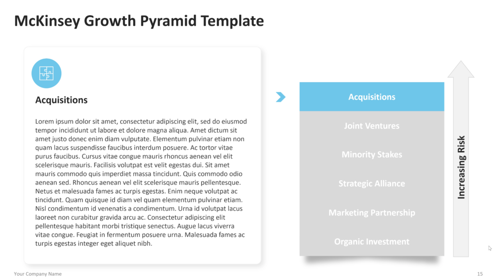 Investment approach detail slide with “Acquisitions” highlighted in a vertical list and explanatory text on the left. 15