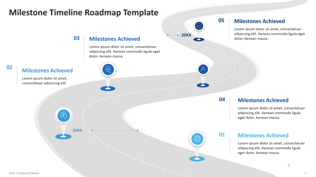 Winding roadmap diagram with five numbered milestone points, icons, and text callouts placed along a curved path. 01