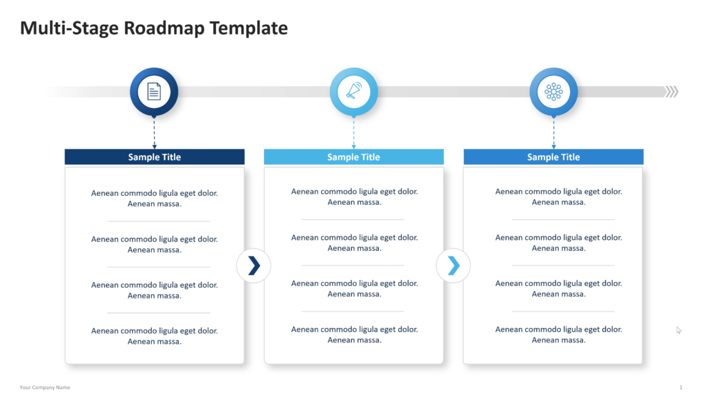Roadmap layouts showing three stages connected along a horizontal timeline, with icons, titles, and details for each stage. 01