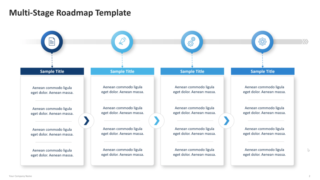 Roadmap layouts showing four stages connected along a horizontal timeline, with icons, titles, and details for each stage. 02