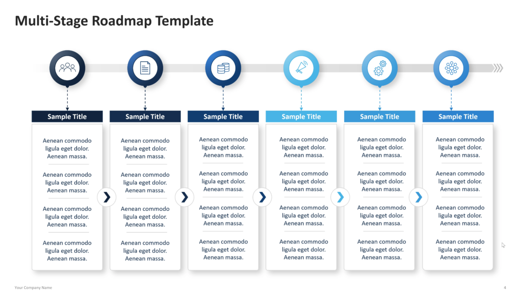 Roadmap layouts showing six stages connected along a horizontal timeline, with icons, titles, and details for each stage. 04