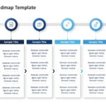 Roadmap layouts showing six stages connected along a horizontal timeline, with icons, titles, and details for each stage. 04