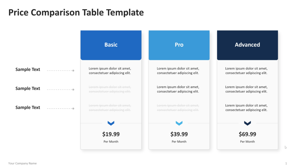 Pricing options displayed in parallel columns with prices, feature lists, and highlighted differences for side-by-side comparison. 01