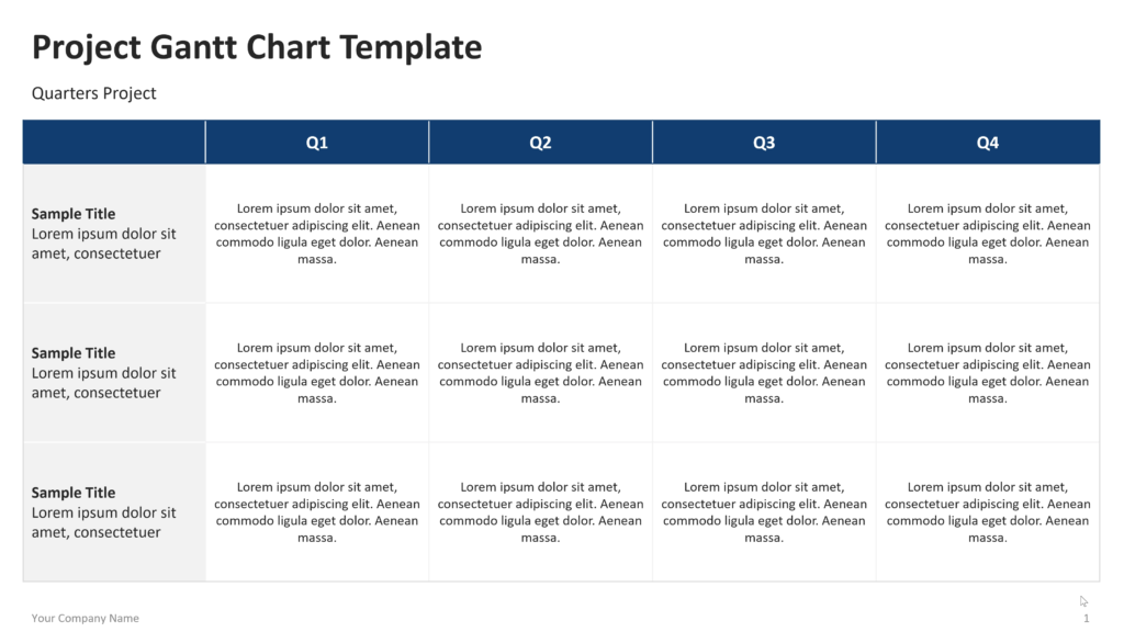 Quarterly project planning table with three task rows organized across Q1, Q2, Q3, and Q4 columns. 01