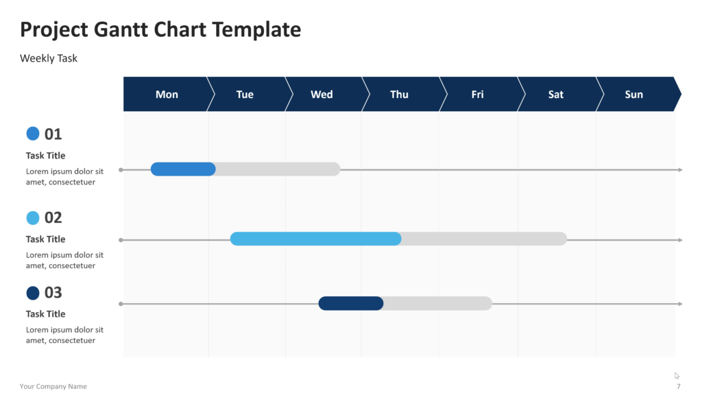 Weekly Gantt chart showing three numbered tasks with colored duration bars extending across Monday through Sunday. 07