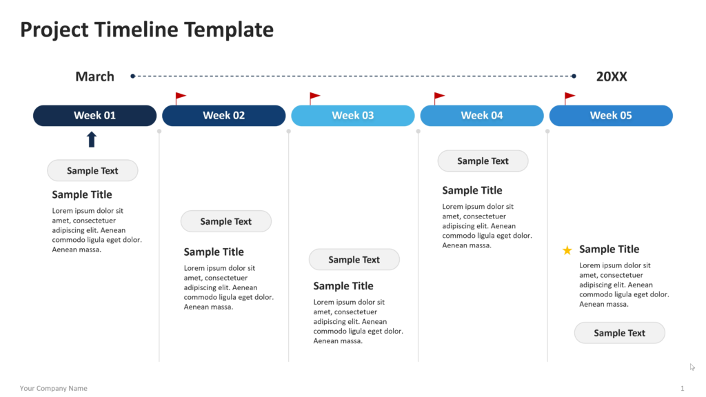 Weekly timeline for March with five labeled weeks, milestone flags, and supporting text blocks arranged below each checkpoint. 01