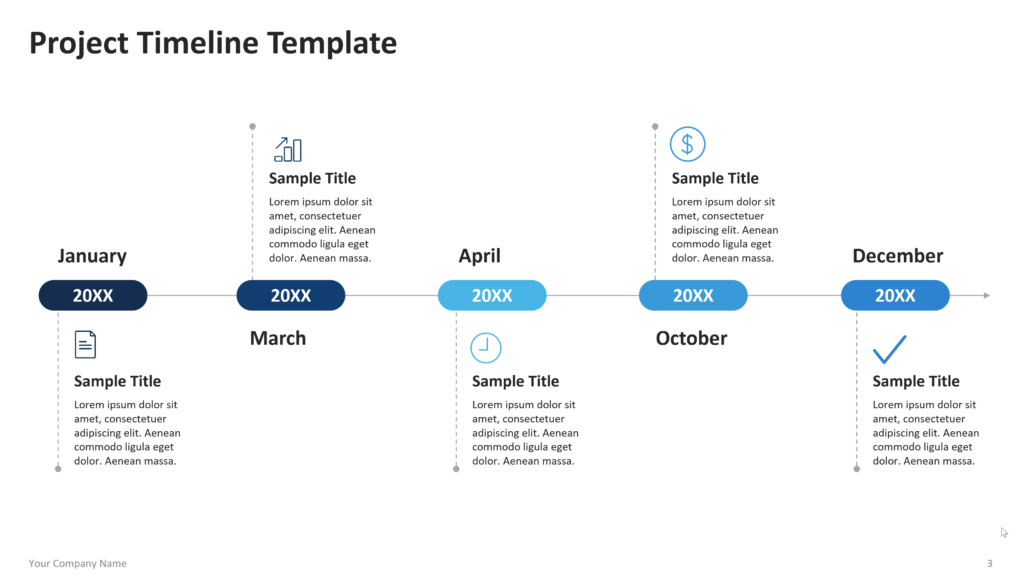 Linear timeline with monthly milestones placed above and below a horizontal line, each paired with an icon and description. 03