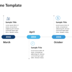 Linear timeline with monthly milestones placed above and below a horizontal line, each paired with an icon and description. 03