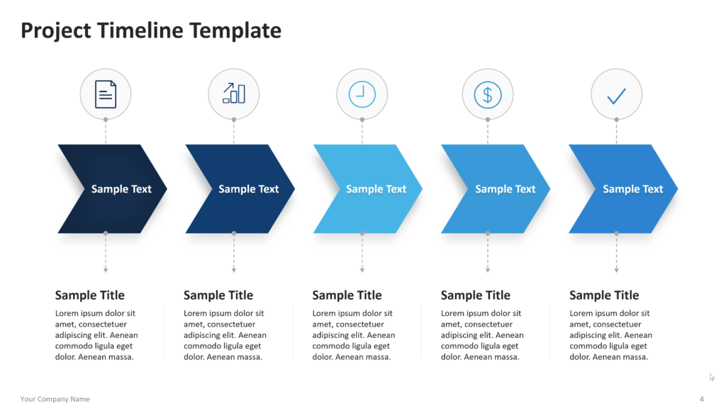 Five chevron stages arranged in sequence, each topped with an icon and paired with descriptive text below. 04
