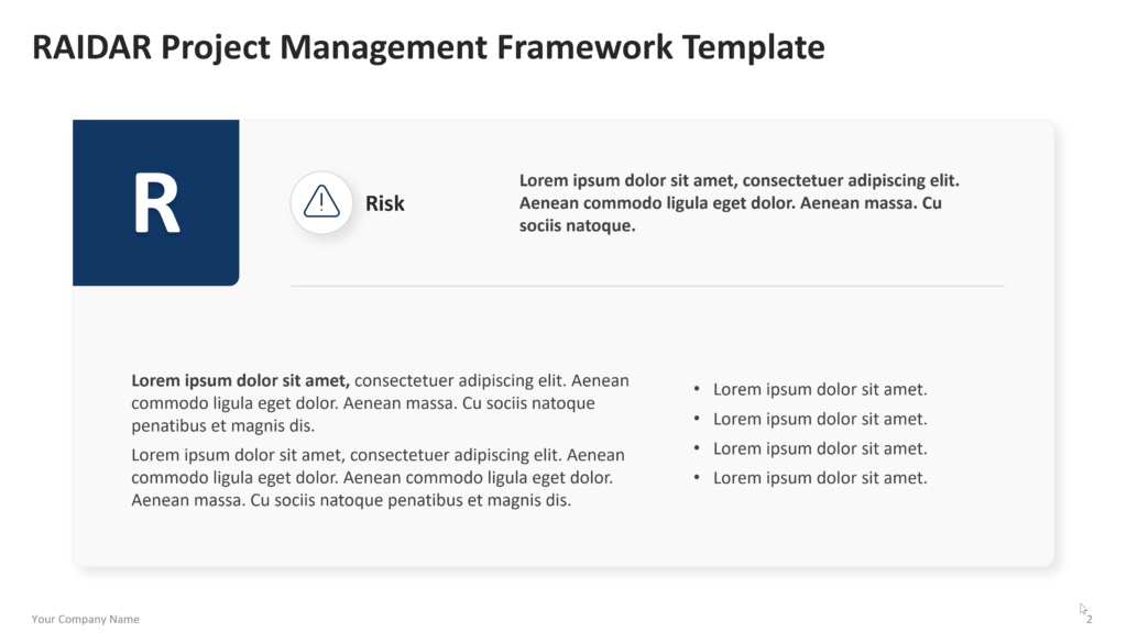 raidar Six vertical sections labeled Risk, Assumptions, Issues, Dependencies, Action, and Resolution, each with an icon and explanatory text. 02