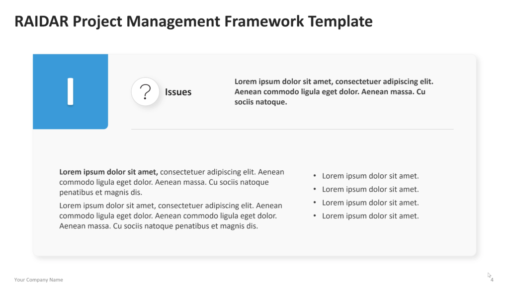 raidar Six vertical sections labeled Risk, Assumptions, Issues, Dependencies, Action, and Resolution, each with an icon and explanatory text. 04