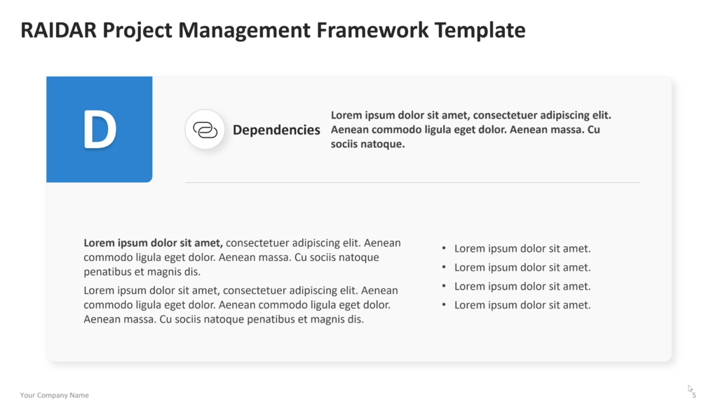 raidar Six vertical sections labeled Risk, Assumptions, Issues, Dependencies, Action, and Resolution, each with an icon and explanatory text. 05