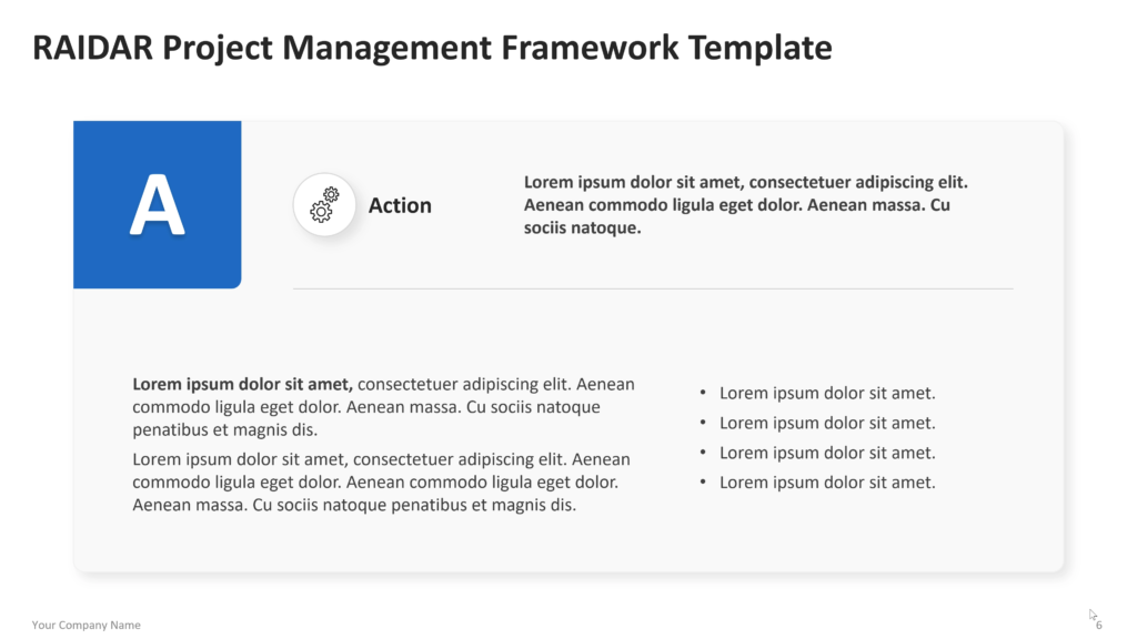 raidar Six vertical sections labeled Risk, Assumptions, Issues, Dependencies, Action, and Resolution, each with an icon and explanatory text. 06