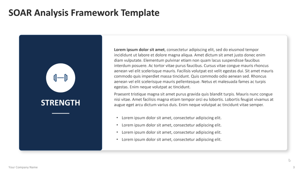 Strength detail slide with a dark navy side panel, dumbbell icon, section title, explanatory text, and bullet points.e 03