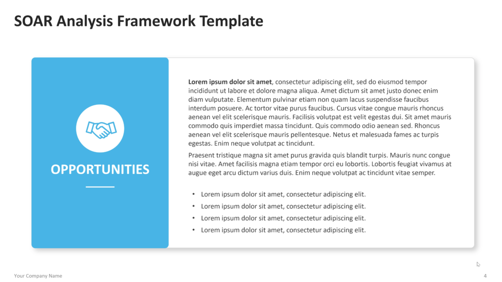 Opportunities detail slide with a light blue side panel, handshake icon, section title, supporting text, and bullet points. 04