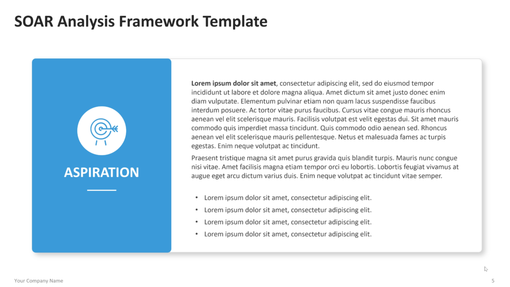 Aspiration detail slide with a blue side panel, target icon, section title, explanatory text, and bullet points. 05