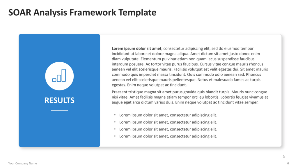 Results detail slide with a blue side panel, bar chart icon, section title, supporting text, and bullet points. 06